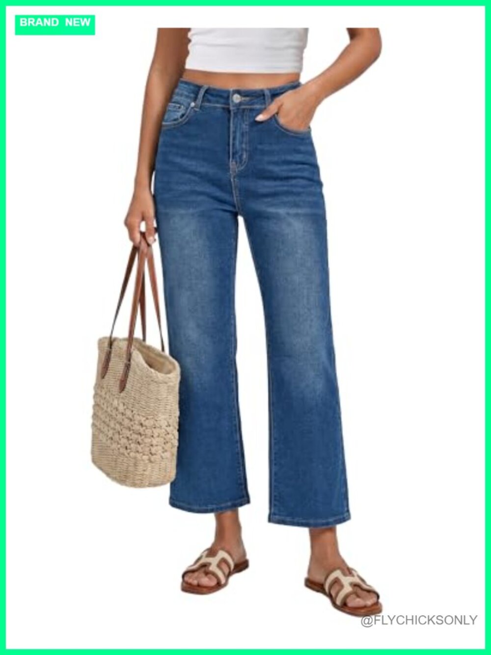 High Waisted Loose Straight Leg Stretchy Denim Cropped Jeans with Pockets